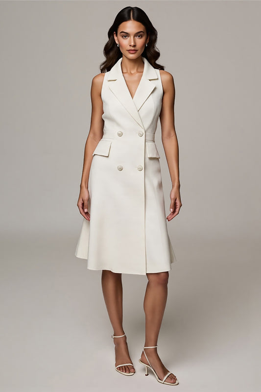 Ivory Notched Lapel A Line Double Breasted Midi Blazer Dress