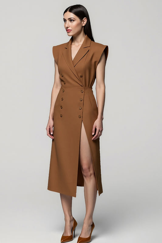 Brown Notched Lapel Double Breasted Midi Blazer Dress with Slit