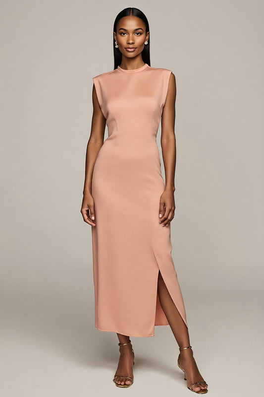 Blush Satin Round Neck Pencil Maxi Work Dress with Slit
