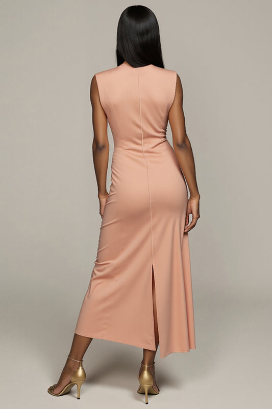 Blush Satin Round Neck Pencil Maxi Work Dress with Slit