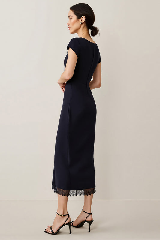 Navy Short Sleeves Pencil Satin Maxi Work Dress with Lace