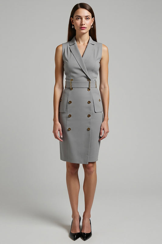 Grey Pencil Notched Lapel Short Blazer Dress with Belt