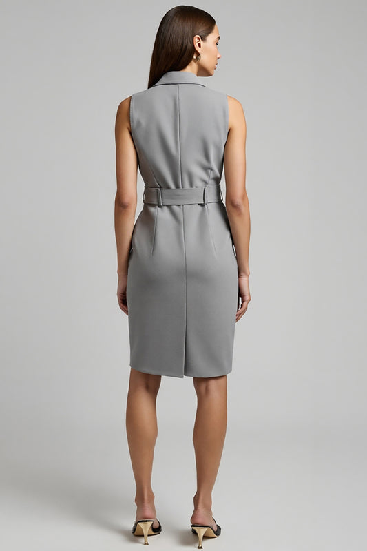 Grey Pencil Notched Lapel Short Blazer Dress with Belt
