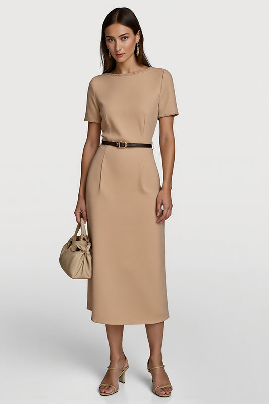 Camel Short Sleeves Pencil Midi Work Dress with Belt