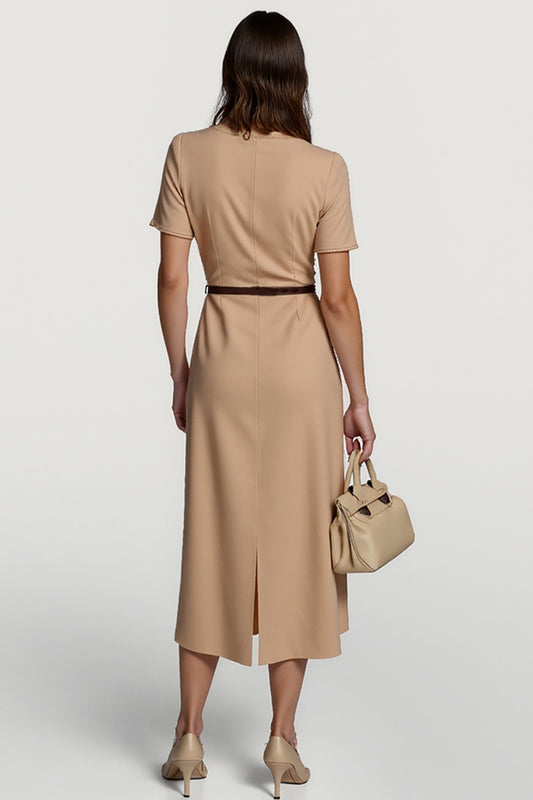 Camel Short Sleeves Pencil Midi Work Dress with Belt