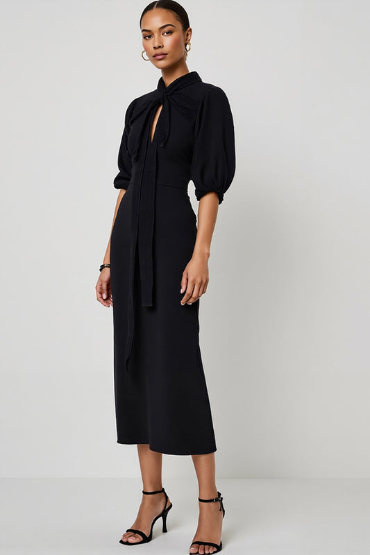 Black Half Sleeves Pencil Maxi Work Dress with Keyhole