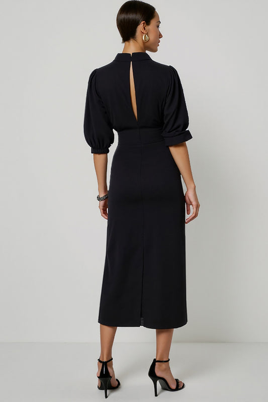 Black Half Sleeves Pencil Maxi Work Dress with Keyhole