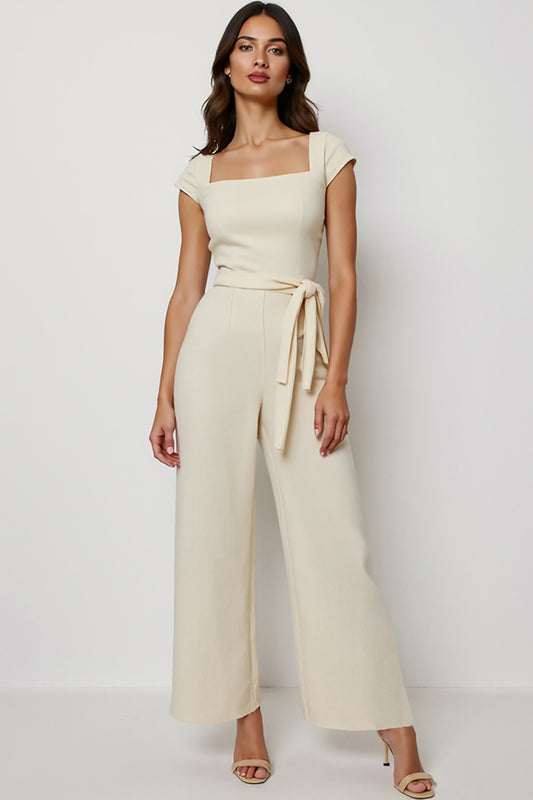 Apricot Square Neck Short Sleeves Work Jumpsuits with Sash