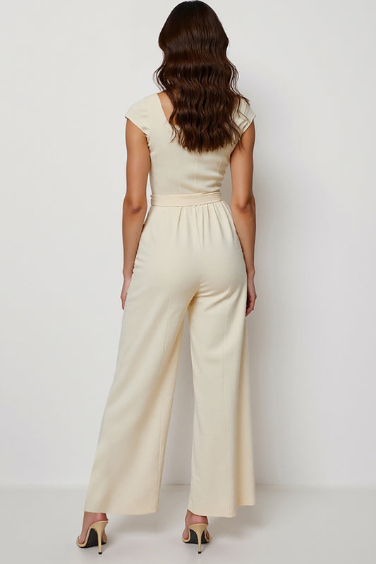 Apricot Square Neck Short Sleeves Work Jumpsuits with Sash