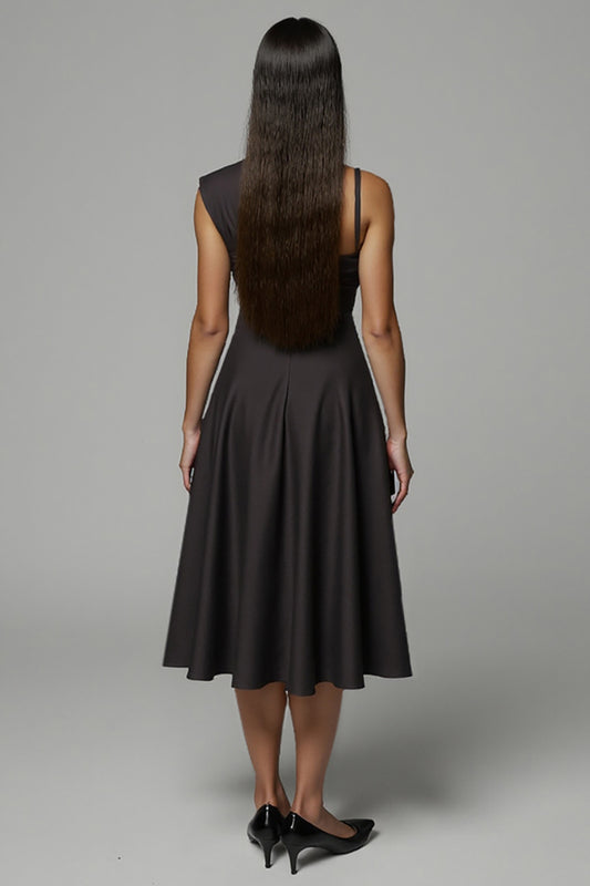 Black Satin A Line One Shoulder Midi Work Dress