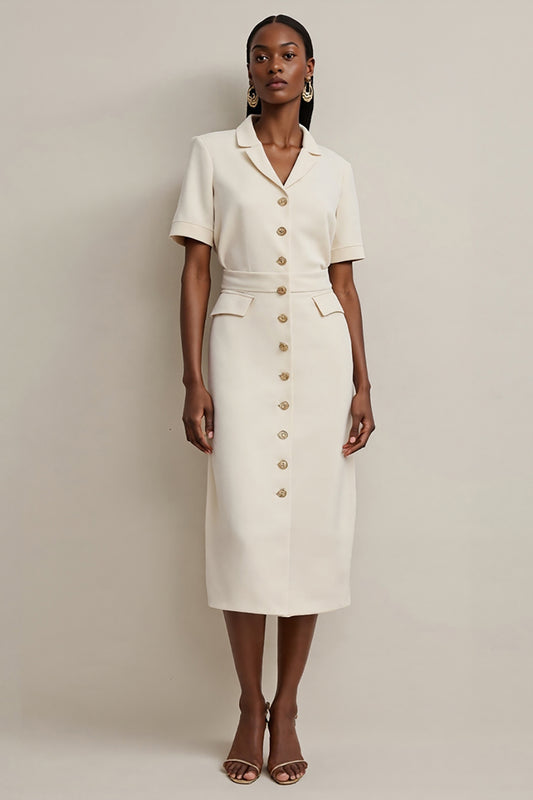 Ivory Notched Lapel Pencil Midi Blazer Dress with