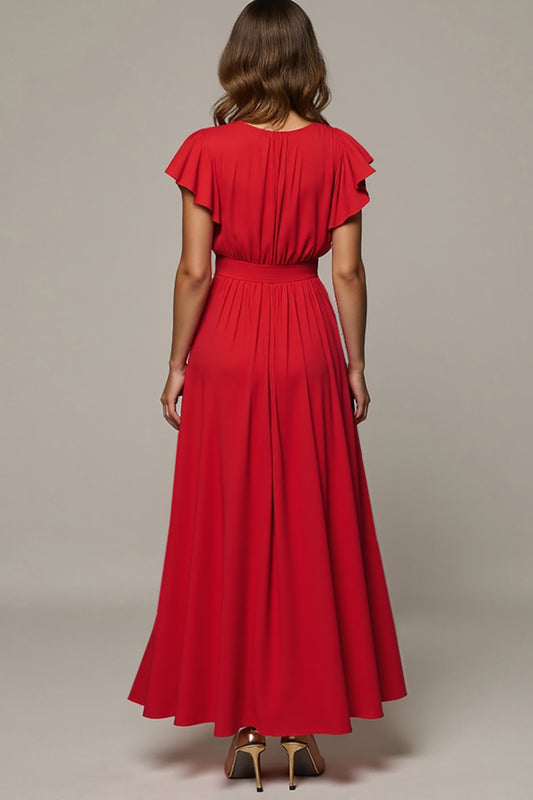 Red V-Neck A Line Long Wedding Guest Dress with Ruffles