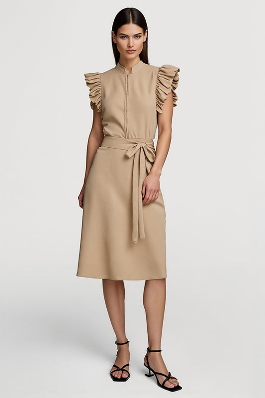 Khaki Ruffled Pencil Midi Work Dress with Sash