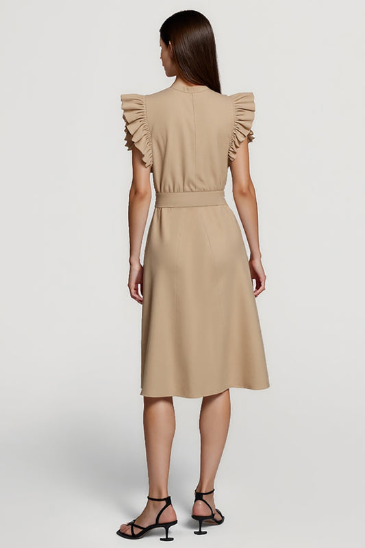 Khaki Ruffled Pencil Midi Work Dress with Sash