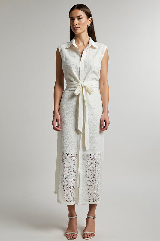 Ivory Sheath Maxi Shirt Dress with Sash