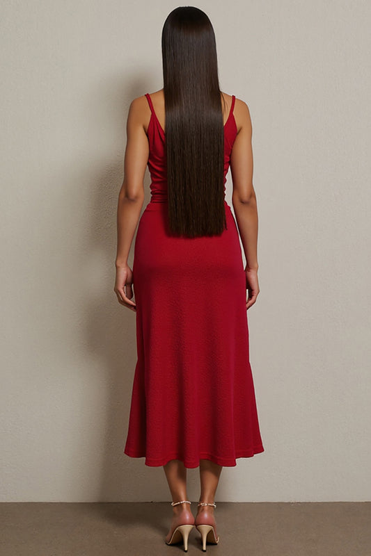 Red Ruched A Line Spaghetti Straps Long Semi Formal Dress