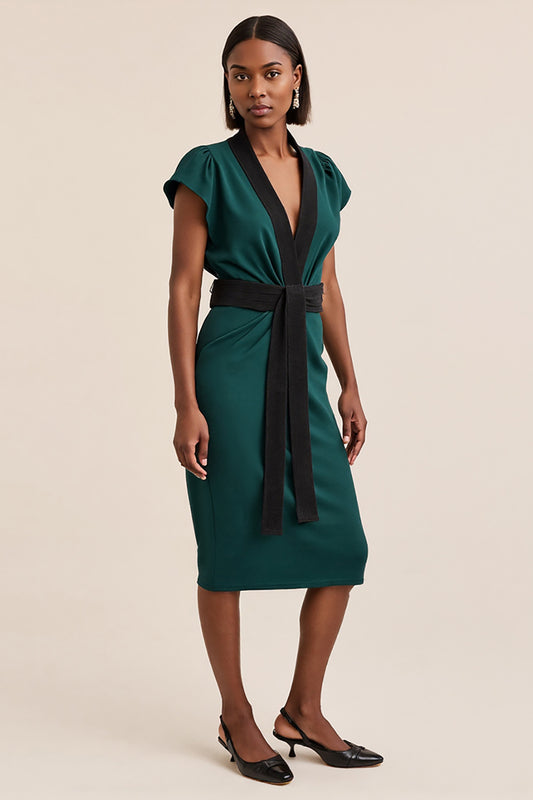 Dark Green Pencil V-Neck Midi Work Dress with Sash