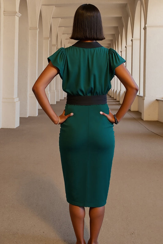Dark Green Pencil V-Neck Midi Work Dress with Sash