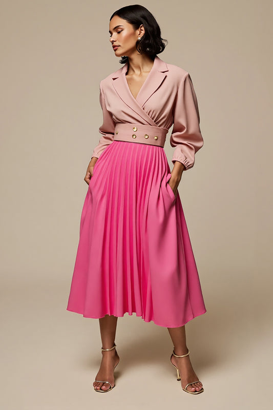 Fuchsia Notched Lapel 2 Piece Blouses and Skirt with Pockets