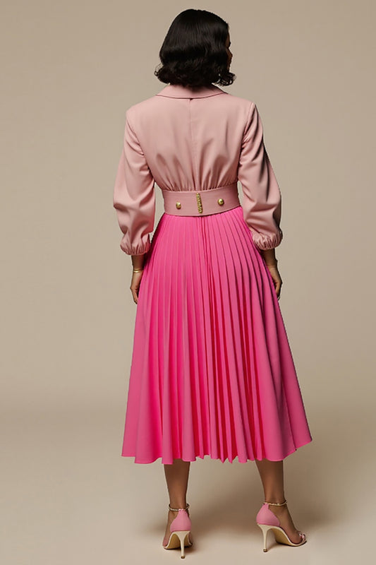 Fuchsia Notched Lapel 2 Piece Blouses and Skirt with Pockets