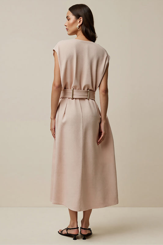 Blush V-Neck A Line Maxi Work Dress with Belt