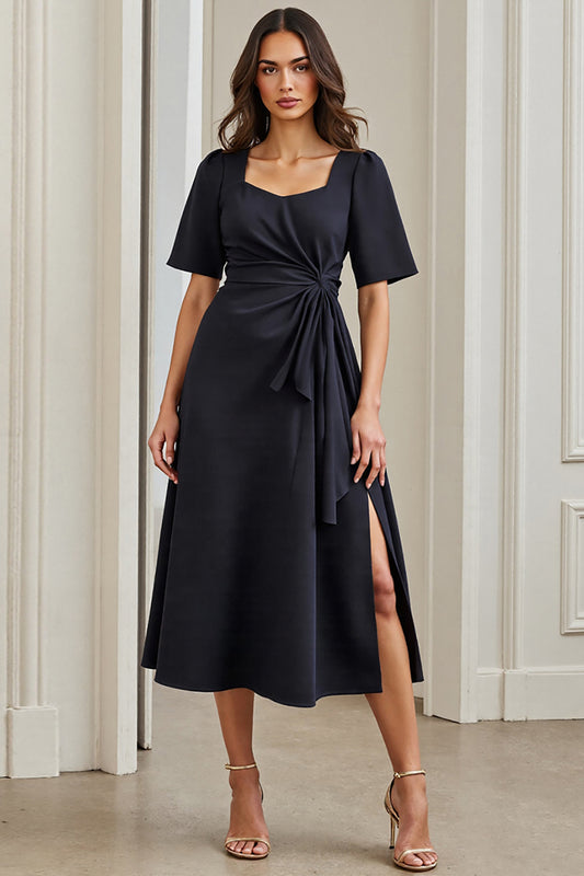 Navy Short Sleeves Ruched A Line Midi Work Dress with Slit