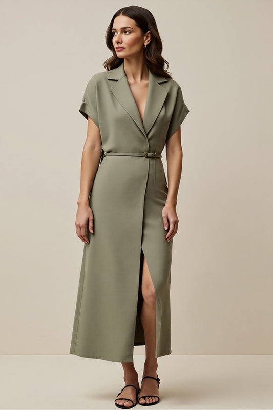 Grey Green Notched Lapel A Line Maxi Blazer Dress with Slit
