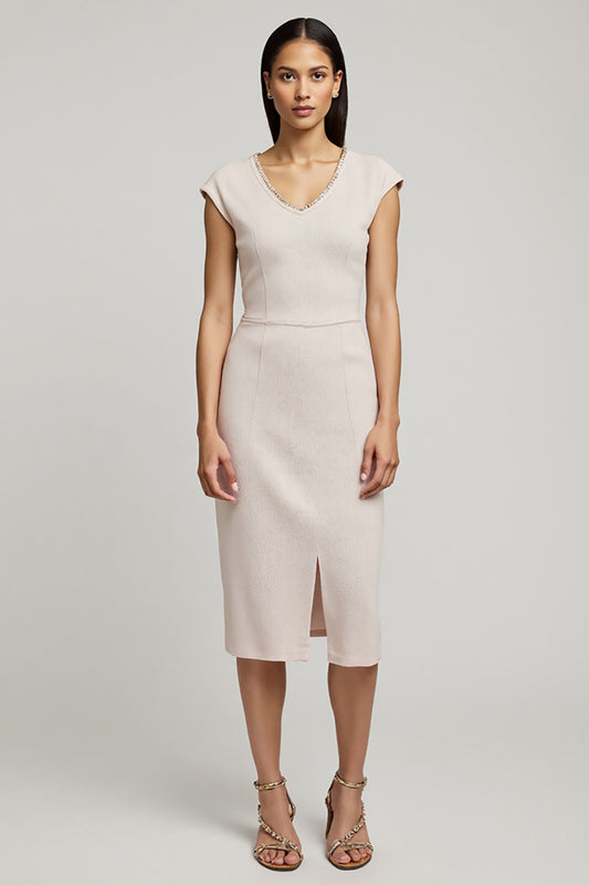 Light Pink Pencil Cap Sleeves Midi Work Dress with Slit