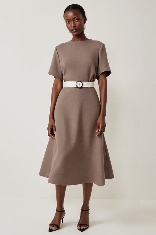 Grey Short Sleeves A Line Midi Work Dress with Belt