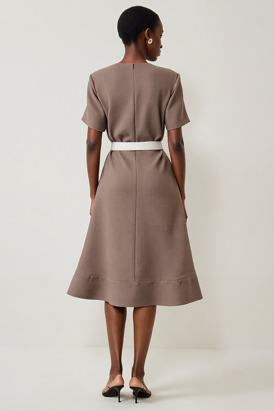 Grey Short Sleeves A Line Midi Work Dress with Belt
