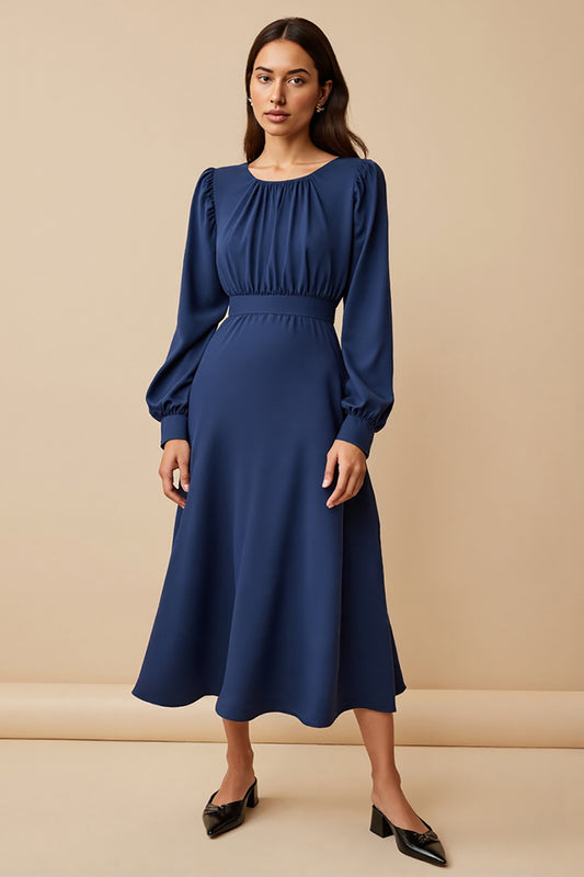 Navy Ruched A Line Midi Satin Work Dress with Sleeves