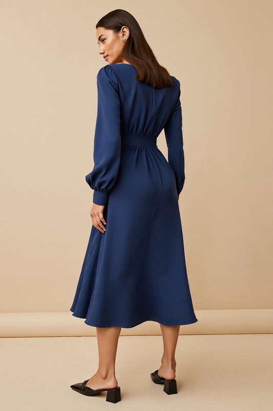 Navy Ruched A Line Midi Satin Work Dress with Sleeves