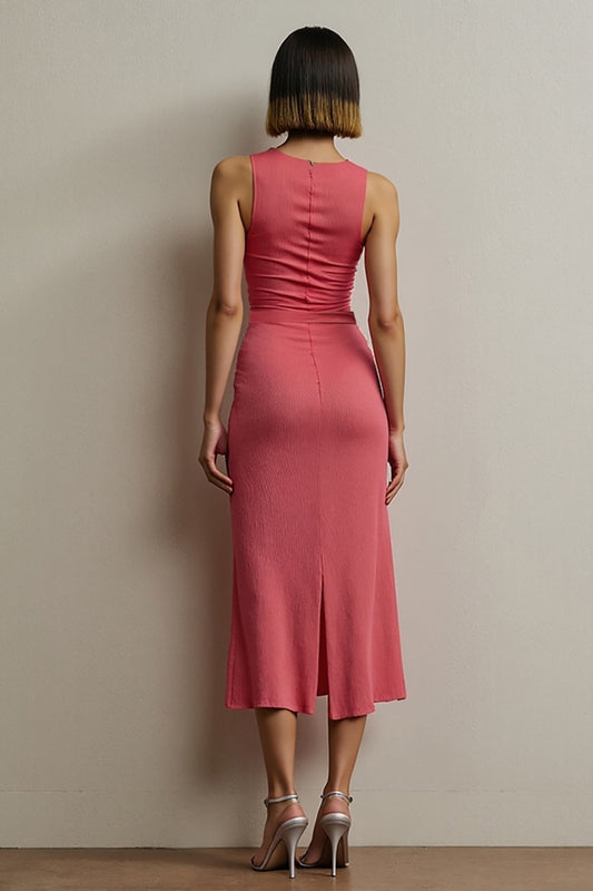 Simple Red Pencil Round Neck Midi Work Dress