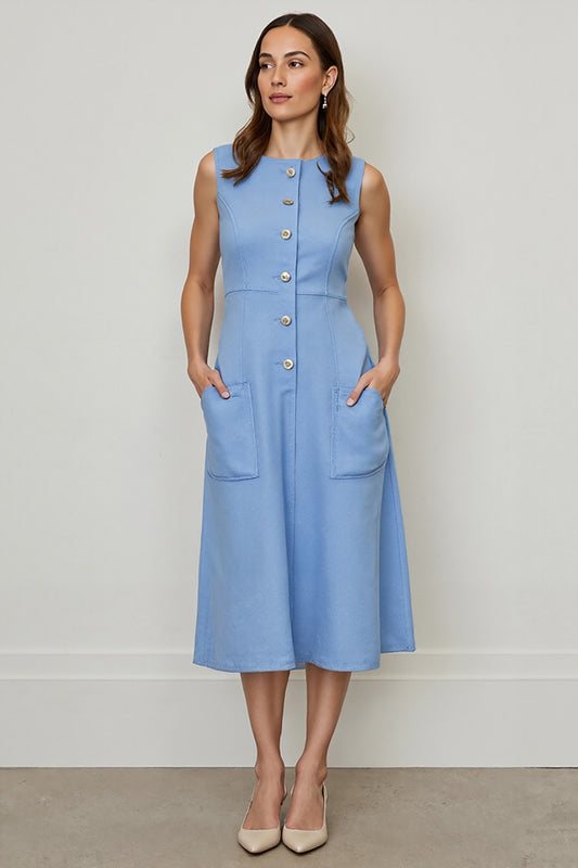 Blue A Line Round Neck Midi Work Dress with Pockets