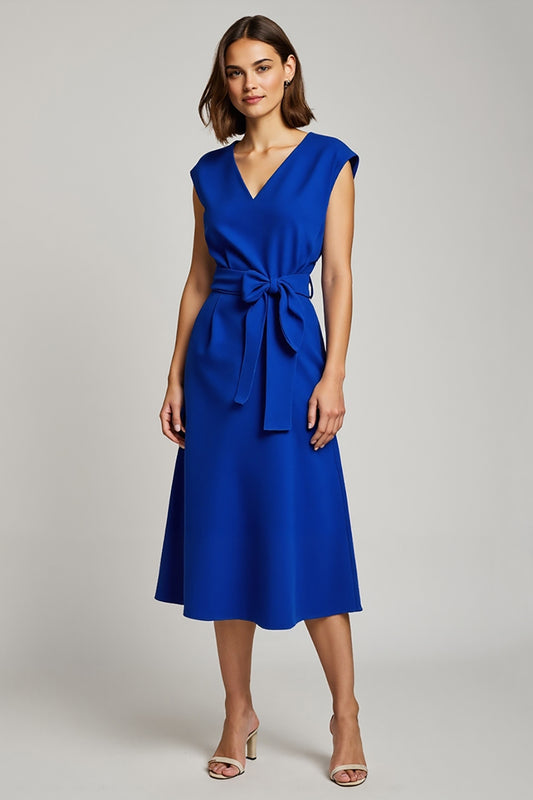 Royal Blue V-Neck Cap Sleeves Midi Work Dress with Bow