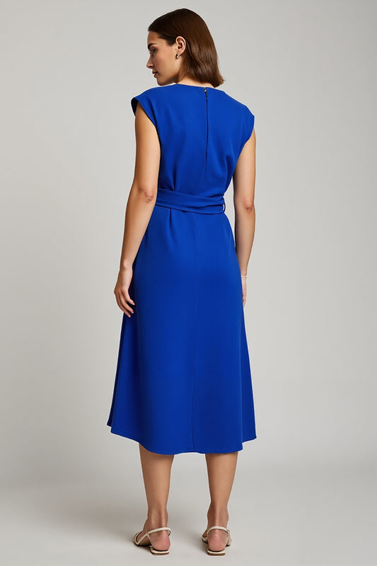 Royal Blue V-Neck Cap Sleeves Midi Work Dress with Bow