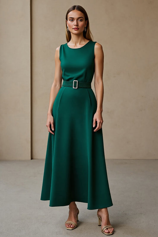 Dark Green Satin Round Neck Maxi Work Dress with Belt