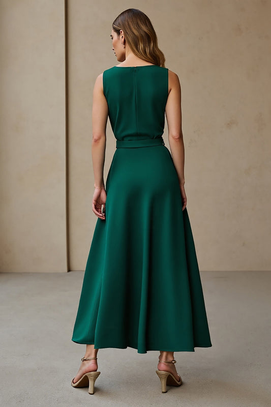 Dark Green Satin Round Neck Maxi Work Dress with Belt