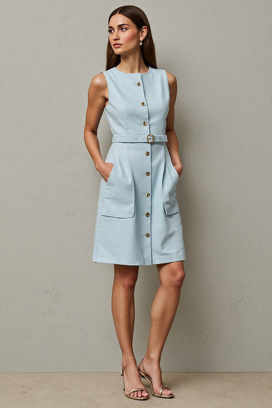 Light Blue Bodycon Round Neck Short Work Dress with Belt
