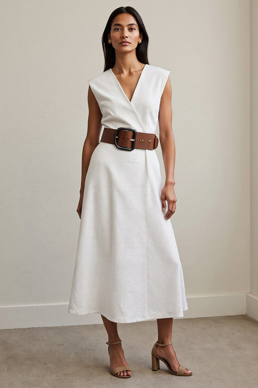 White A Line V-Neck Maxi Work Dress with Belt