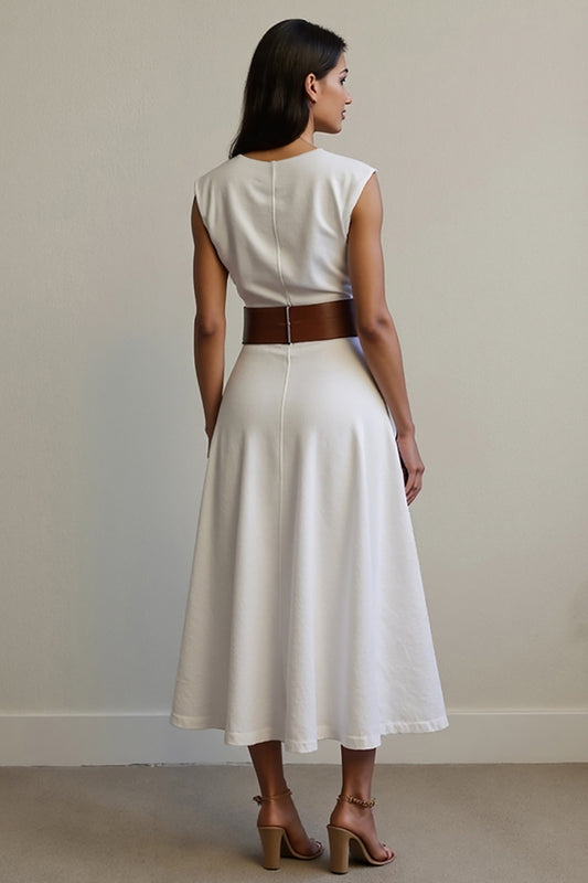 White A Line V-Neck Maxi Work Dress with Belt