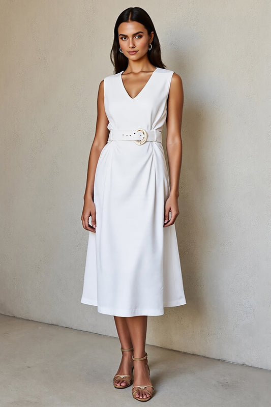 White V-Neck Midi A Line Work Dress with Belt