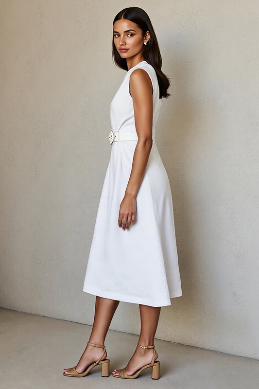 White V-Neck Midi A Line Work Dress with Belt