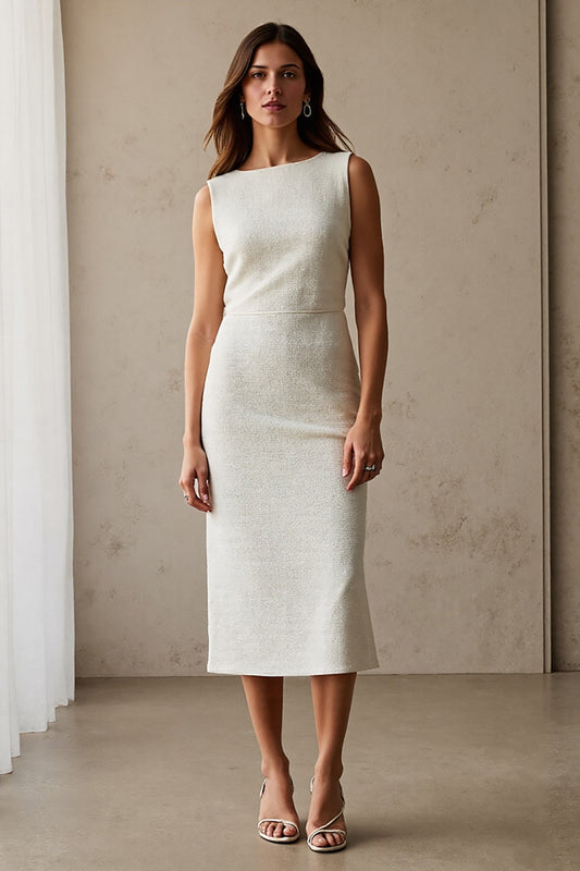 Ivory Pencil Bateau Neck Midi Work Dress