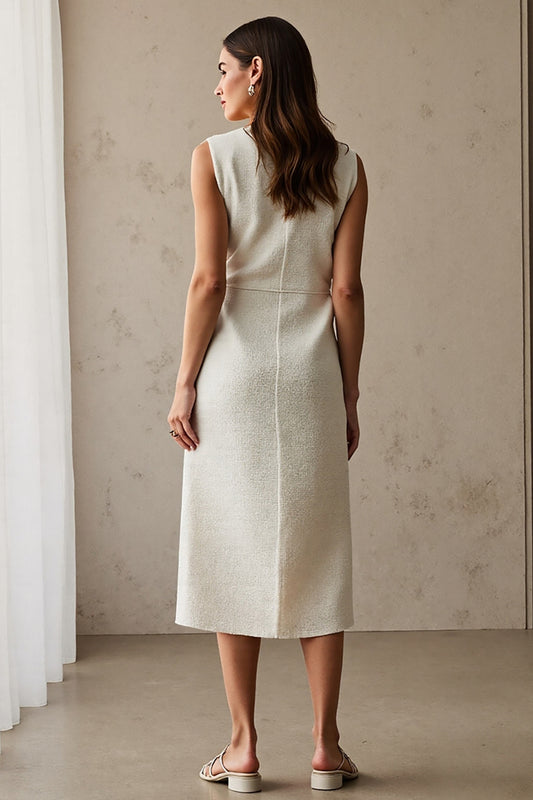 Ivory Pencil Bateau Neck Midi Work Dress