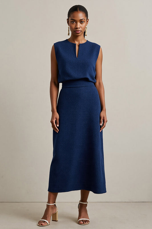 Simple Navy Round Neck Maxi Pencil Work Dress