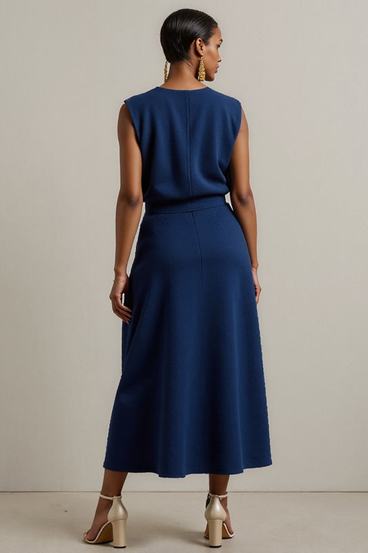 Simple Navy Round Neck Maxi Pencil Work Dress