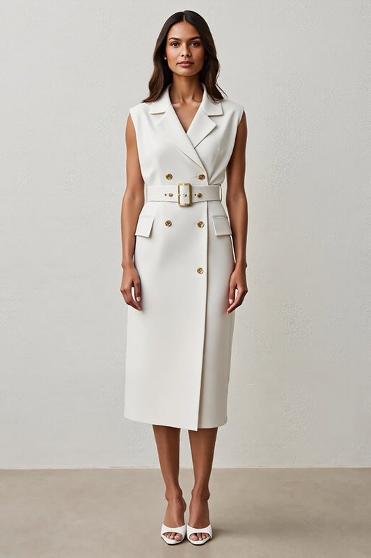 White Pencil Notched Lapel Midi Blazer Dress with Belt