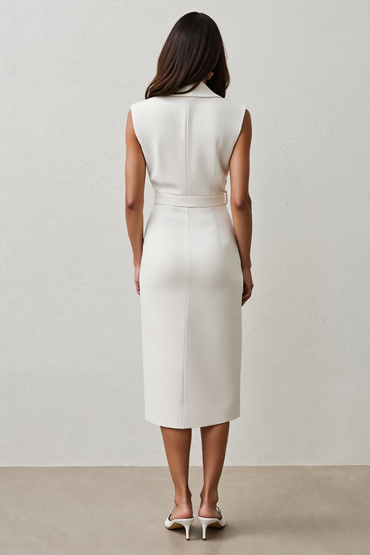 White Pencil Notched Lapel Midi Blazer Dress with Belt