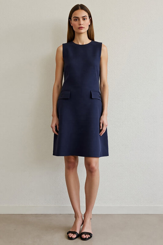 Navy Round Neck Short Pencil Work Dress